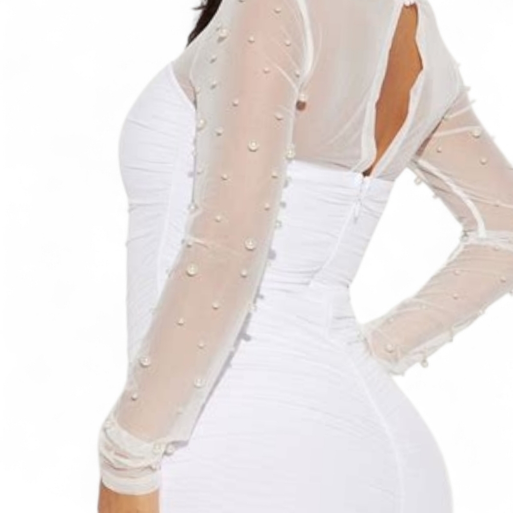 NWT Sheer Shoulders & Sleeves W Scattered Pearls White Mini Dress 3X - Picture 6 of 10